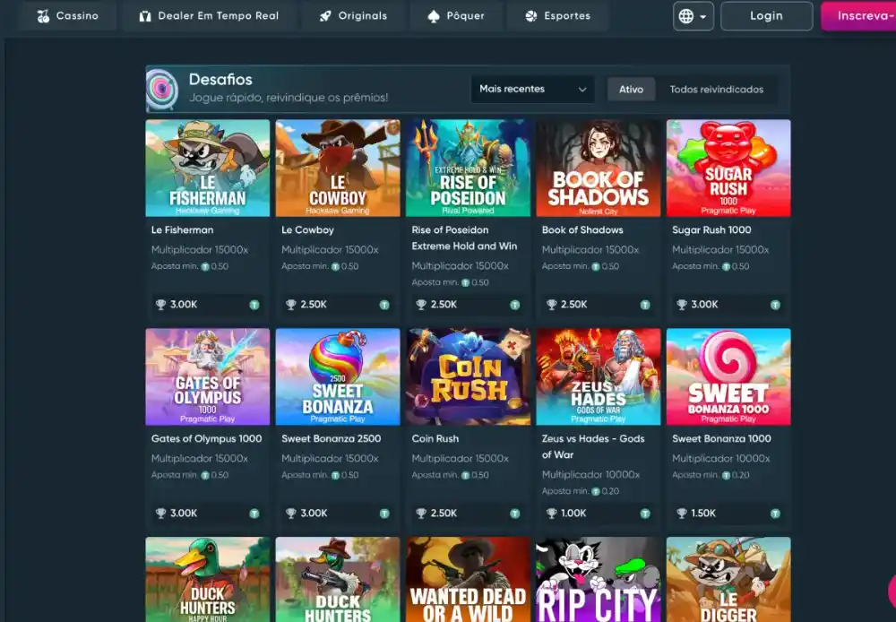 Aba Desafios do Betplay com prêmios em USDT por multiplicador em caça-níqueis