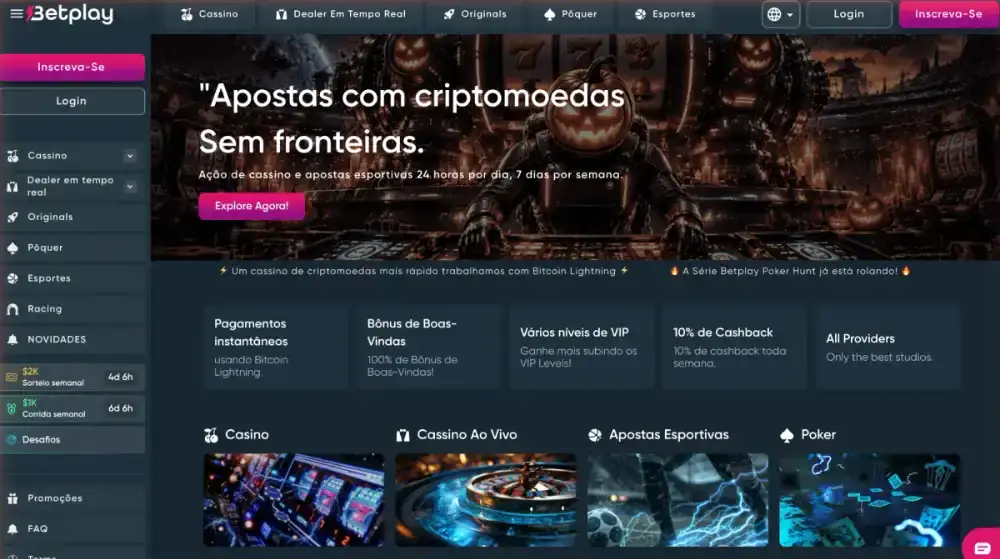 Página inicial do Betplay em português com o destaque de pagamentos via Bitcoin Lightning