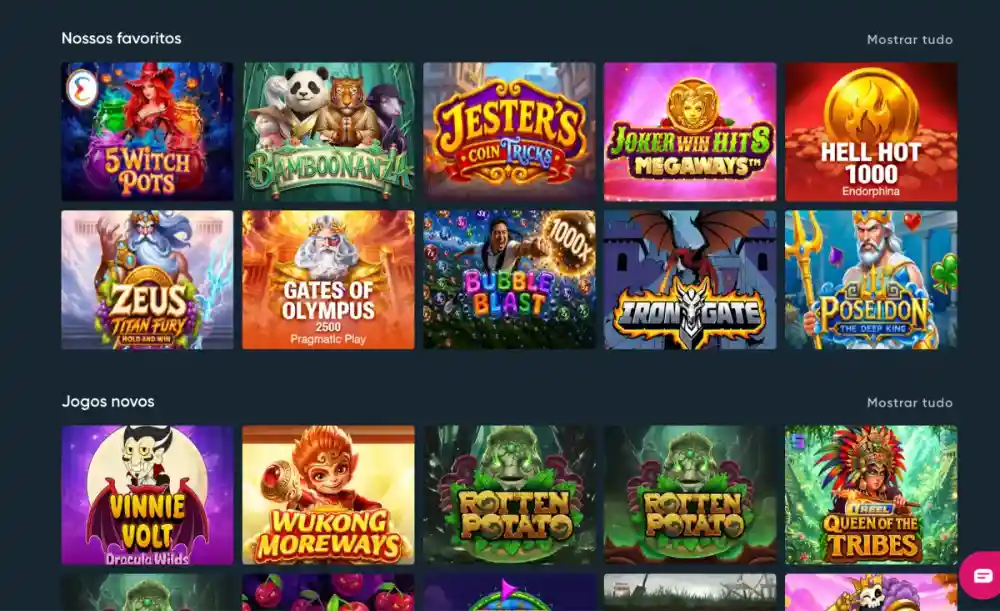 Lobby do Betplay em português com as seções Nossos favoritos e Jogos novos