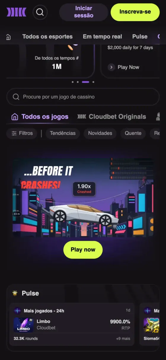 Lobby do cassino da Cloudbet no celular em português