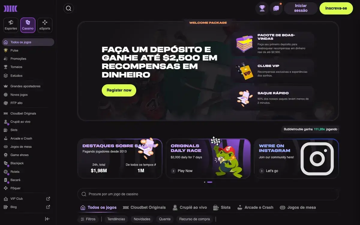 Lobby do cassino da Cloudbet em português, com menu lateral de categorias, banner do pacote de boas-vindas e abas de Originals, cassino ao vivo e slots