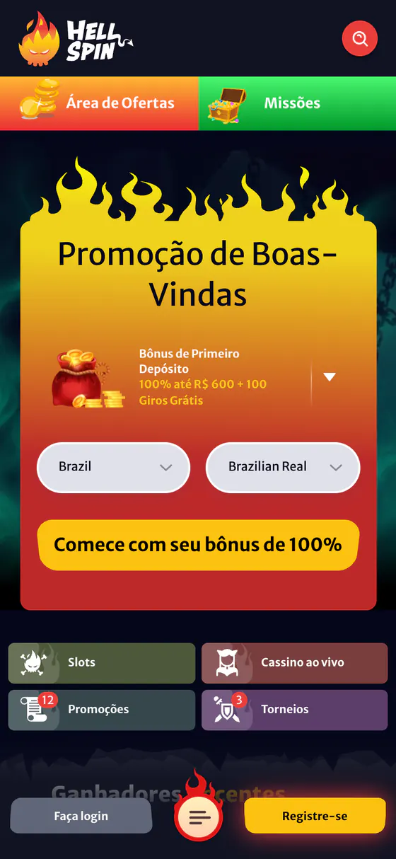 Tela inicial da HellSpin no celular, com o quadro Promoção de Boas-Vindas de 100% até R$ 600 + 100 giros grátis, país Brazil e moeda Brazilian Real pré-selecionados e atalhos para slots, cassino ao vivo, promoções e torneios