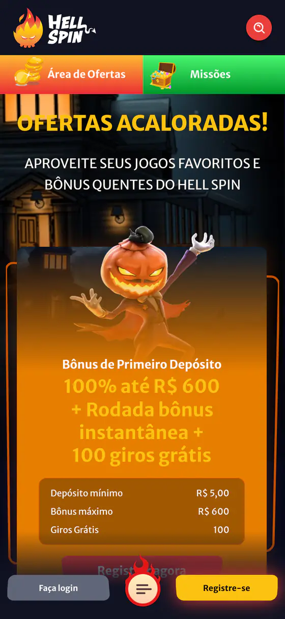 Página Ofertas acaloradas no celular, com o bônus de primeiro depósito de 100% até R$ 600 + rodada bônus instantânea + 100 giros grátis e depósito mínimo de R$ 5,00