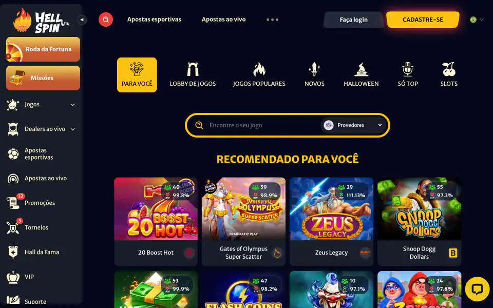 Lobby de jogos da HellSpin com as abas Para você, Lobby de jogos, Jogos populares, Novos, Halloween, Só top e Slots, busca por provedor e jogos recomendados com percentuais em cada miniatura