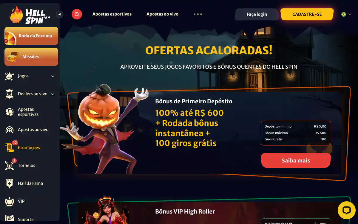 Página de promoções da HellSpin em português, com o título Ofertas acaloradas e o cartão do bônus de primeiro depósito de 100% até R$ 600, rodada bônus instantânea e 100 giros grátis, com depósito mínimo de R$ 5,00
