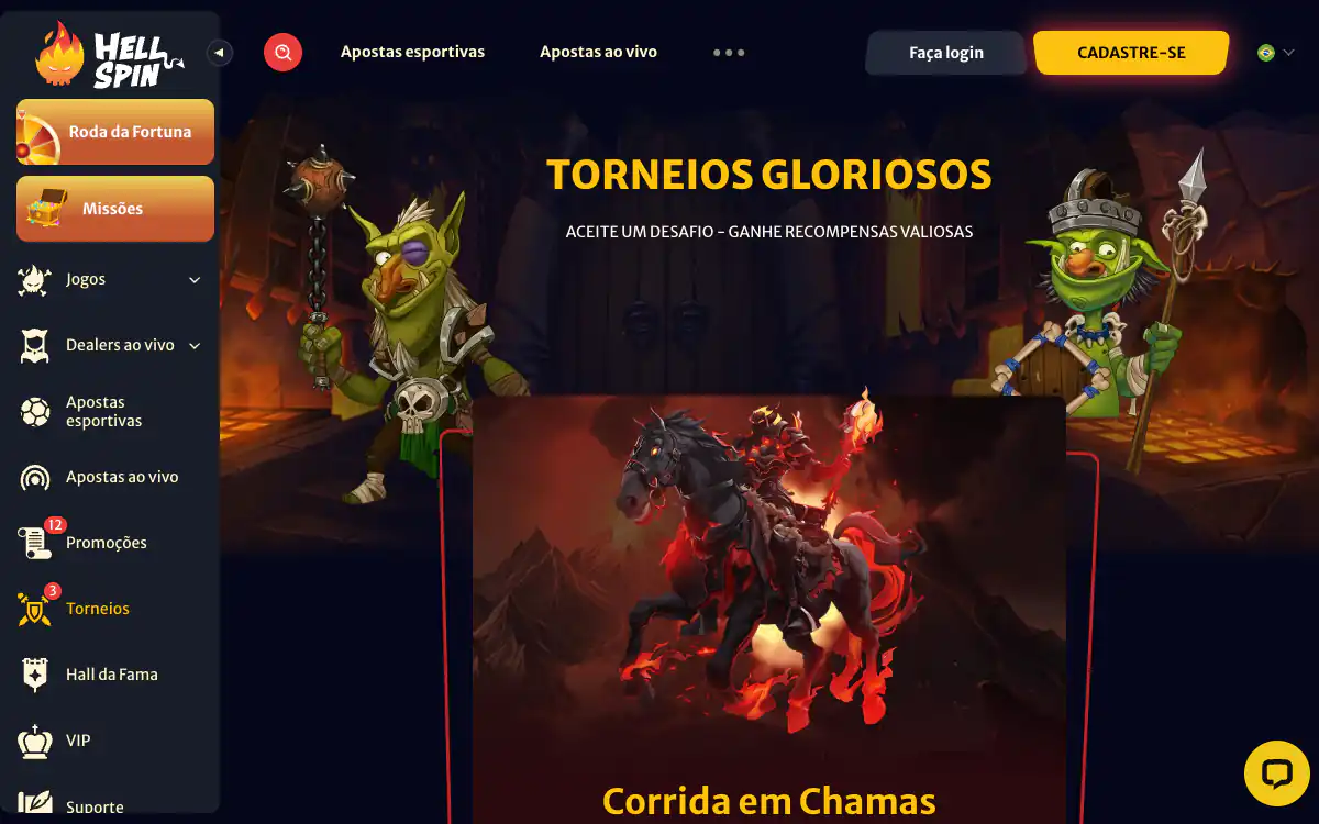 Página de torneios da HellSpin, com o título Torneios gloriosos e o cartão da Corrida em Chamas; o menu lateral mostra 12 promoções e 3 torneios