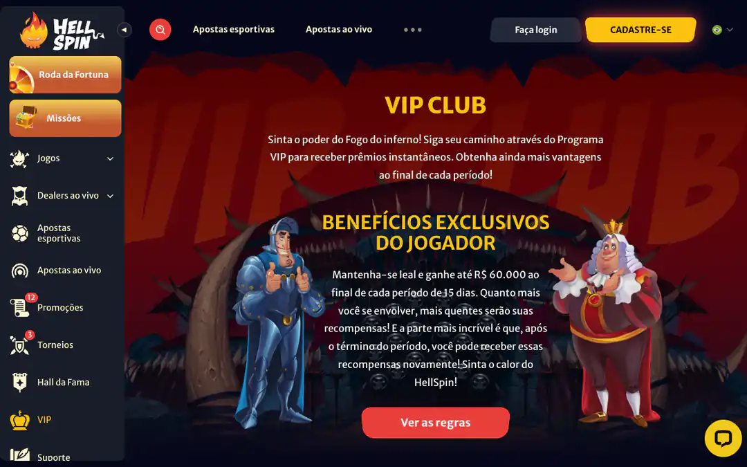 Página do VIP Club da HellSpin em português, que promete até R$ 60.000 ao fim de cada período de 15 dias, com o botão Ver as regras