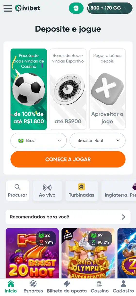 Tela inicial da Ivibet no celular, com a escolha entre bônus de cassino, bônus esportivo ou pegar o bônus depois, país Brasil e moeda real