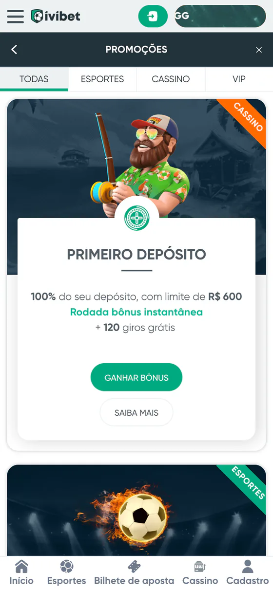 Página de promoções da Ivibet no celular, com o cartão do primeiro depósito do cassino: 100% até R$ 600, rodada bônus instantânea e 120 giros grátis