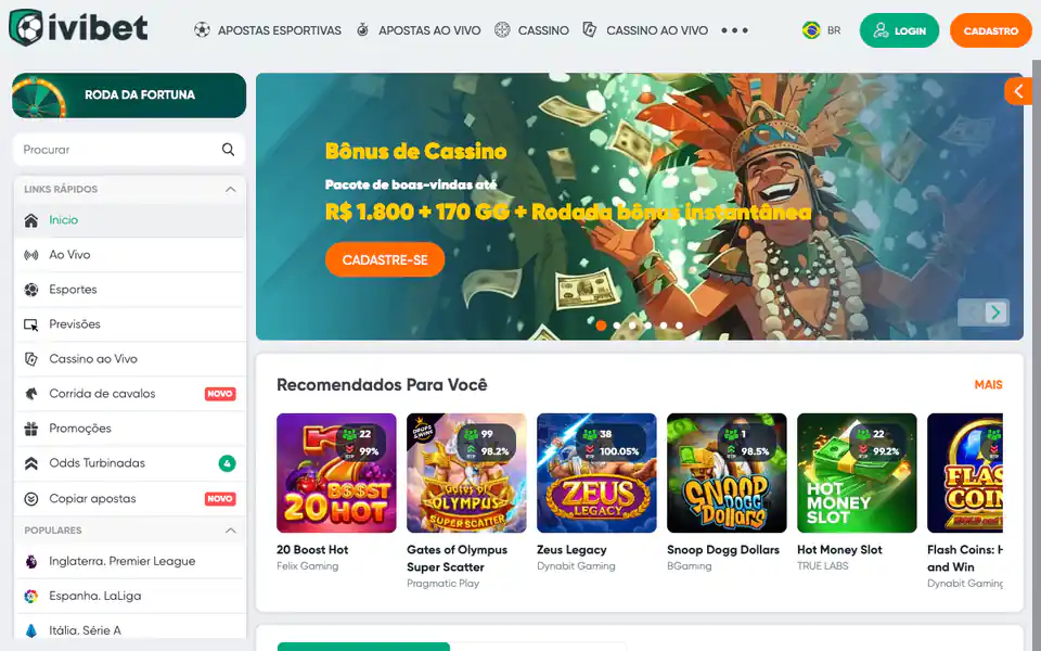 Página inicial da Ivibet em português, com menu de apostas esportivas à esquerda, botão Roda da Fortuna e banner do pacote de boas-vindas de até R$ 1.800 + 170 giros grátis