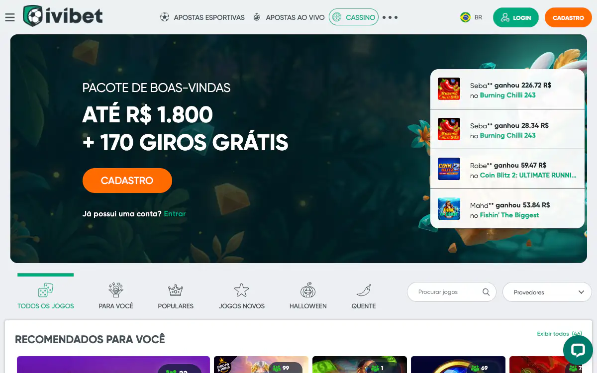 Lobby do cassino da Ivibet com banner do pacote de boas-vindas, lista de ganhos recentes de jogadores e abas Todos os jogos, Para você, Populares, Jogos novos, Halloween e Quente