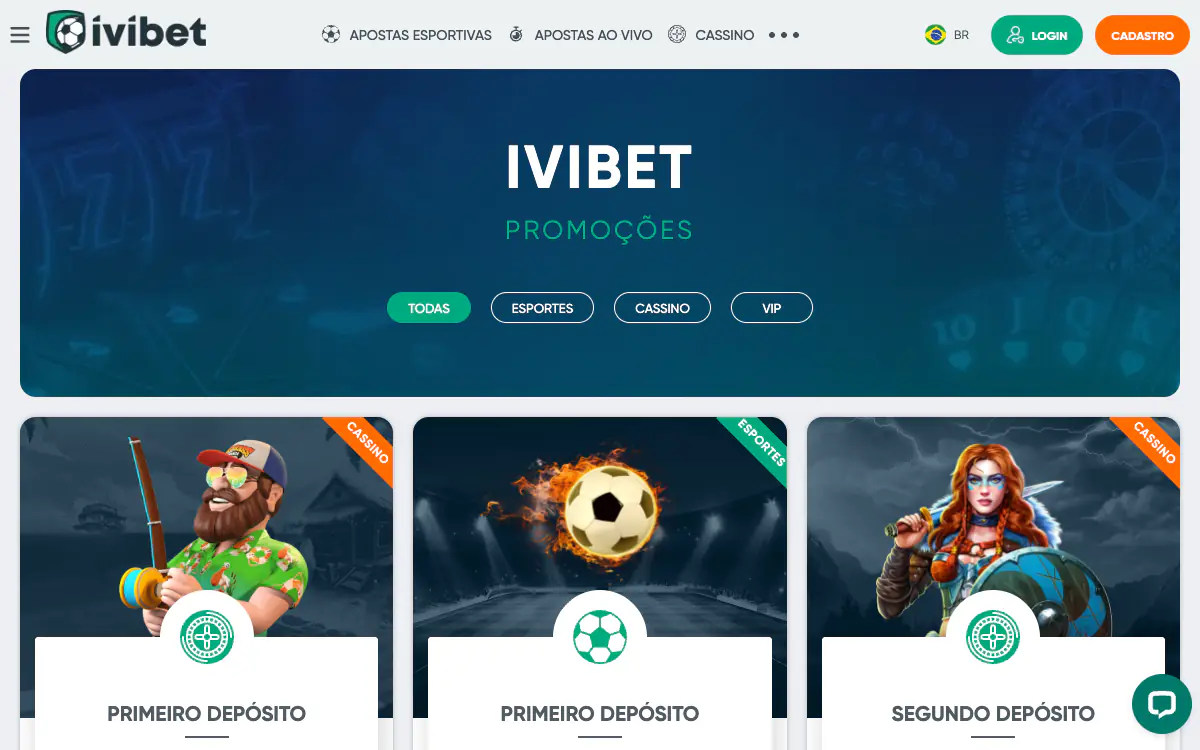 Página de promoções da Ivibet com filtros Todas, Esportes, Cassino e VIP e os cartões Primeiro depósito do cassino, Primeiro depósito de esportes e Segundo depósito