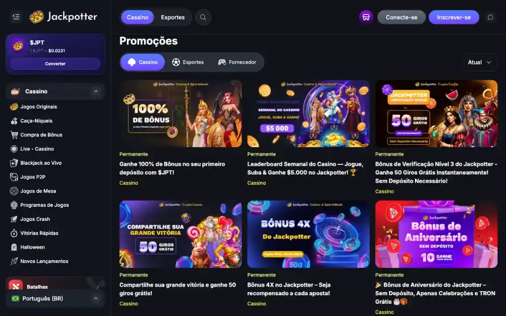 Página de promoções do Jackpotter em português com o bônus de 100% em $JPT
