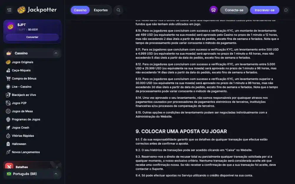Termos de serviço do Jackpotter em português com os prazos de saque por faixa de valor