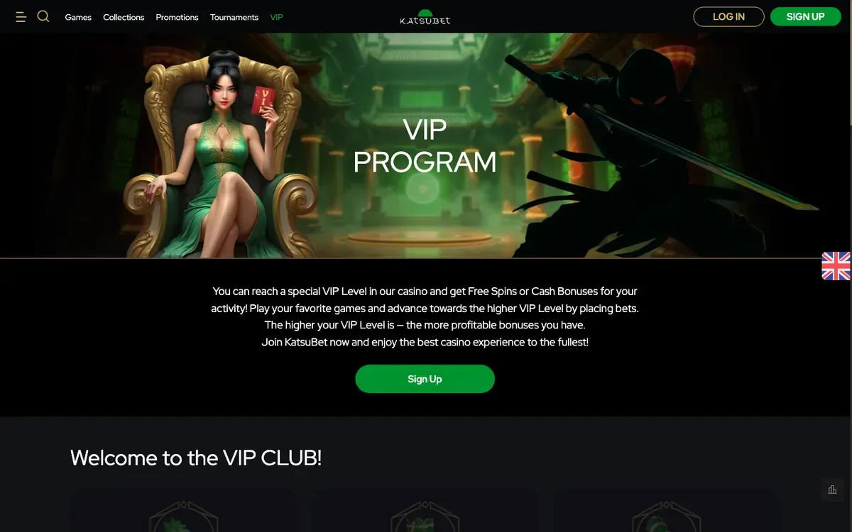 Página do programa VIP da KatsuBet em inglês