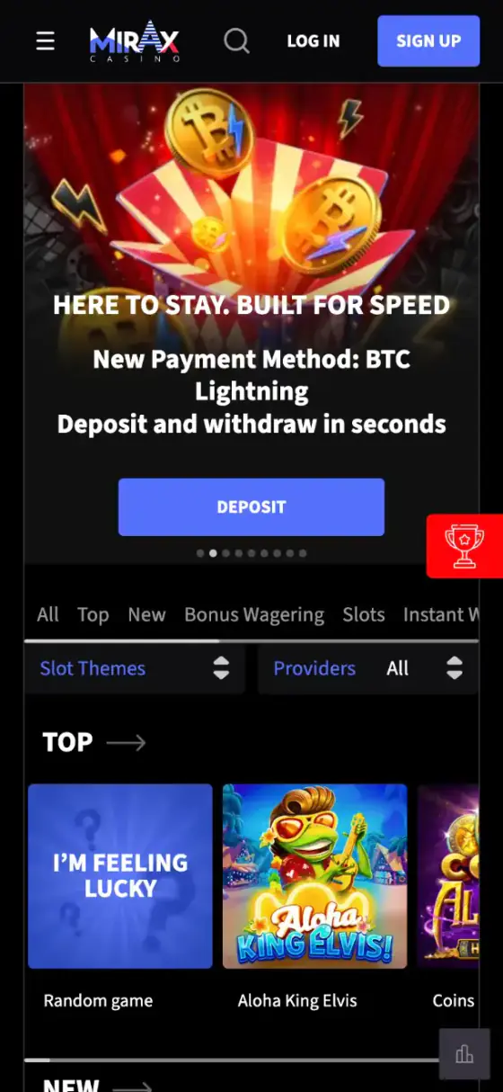 Mirax no celular: página inicial em inglês com o banner do BTC via Lightning e os caça-níqueis mais jogados