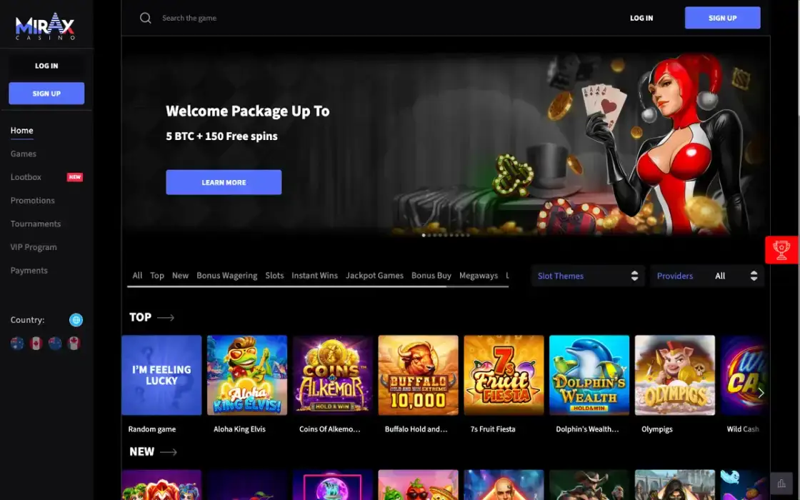 Página inicial da Mirax Casino em inglês, com o banner do pacote de boas-vindas e a fileira de caça-níqueis mais jogados