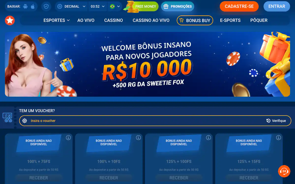 Página de bônus da Mostbet em português, com banner de R$ 10.000 + 500 rodadas grátis, campo de voucher e cartões dos bônus do 2º depósito, como 100% + 75 rodadas grátis a partir de R$ 50