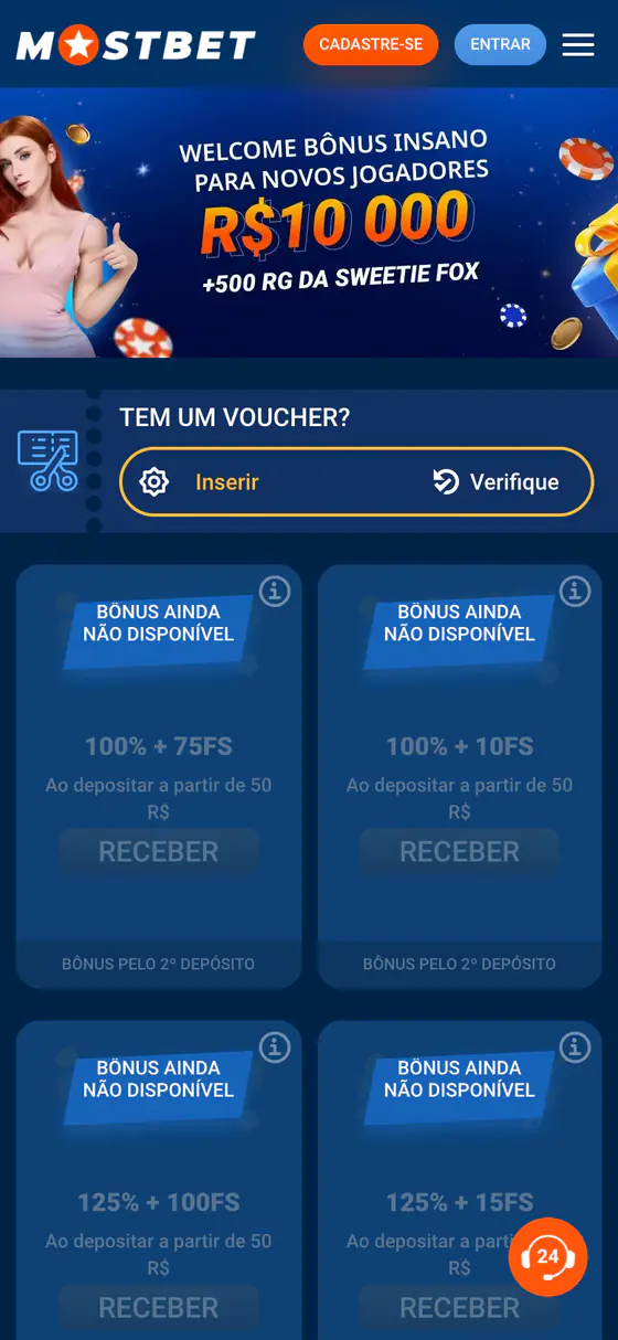 Página de bônus da Mostbet no celular, com banner de R$ 10.000 + 500 rodadas grátis, campo de voucher e cartões de bônus do 2º e do 3º depósito