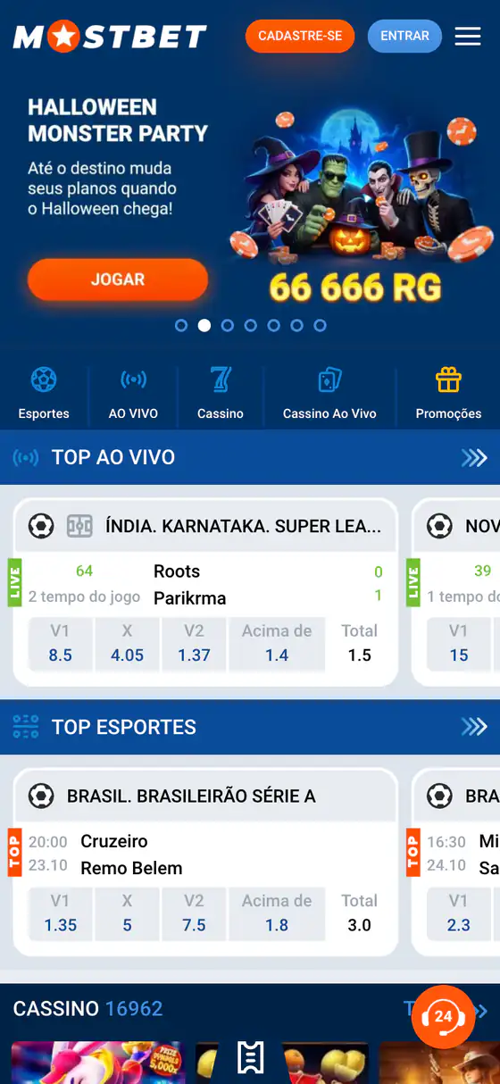 Página inicial da Mostbet no celular, com banner Halloween Monster Party de 66.666 rodadas grátis, atalhos para esportes, cassino e promoções, partidas ao vivo e jogos do Brasileirão