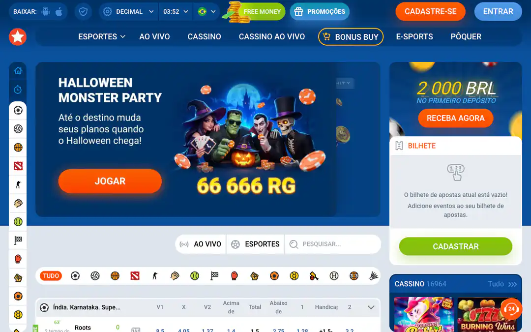 Página inicial da Mostbet no desktop, com banner Halloween Monster Party de 66.666 rodadas grátis, oferta de R$ 2.000 no primeiro depósito, bilhete de apostas e a contagem de 16.964 jogos de cassino