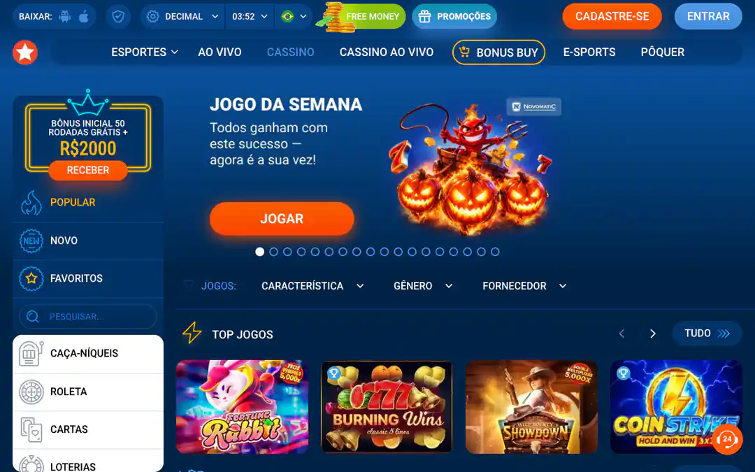 Lobby do cassino da Mostbet em português, com menu lateral de categorias, oferta de bônus inicial de 50 rodadas grátis + R$ 2.000, banner do jogo da semana e Top Jogos com Fortune Rabbit, Burning Wins, Wild Bounty Showdown e Coin Strike