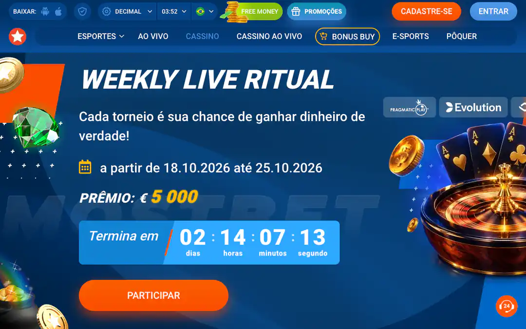 Página do torneio Weekly Live Ritual da Mostbet, de 18/10/2026 a 25/10/2026, com prêmio de 5.000 euros, contagem regressiva e logos da Pragmatic Play e da Evolution