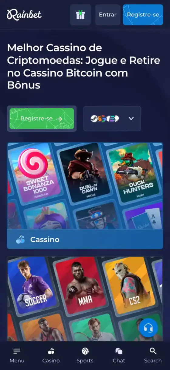 Rainbet no celular: página inicial em português com os atalhos para cassino e apostas