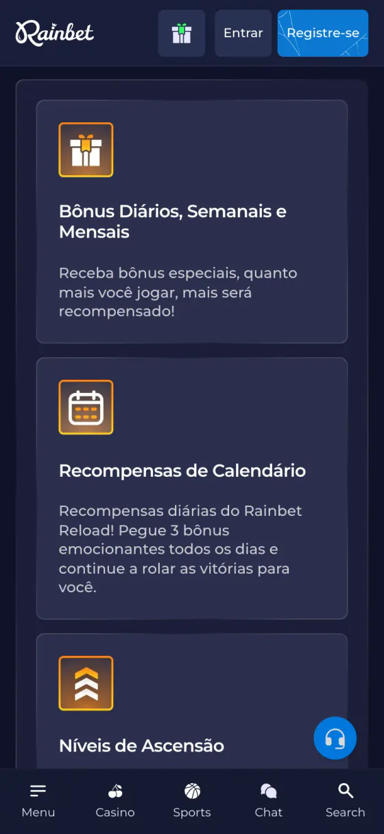 Página de recompensas da Rainbet no celular, em português