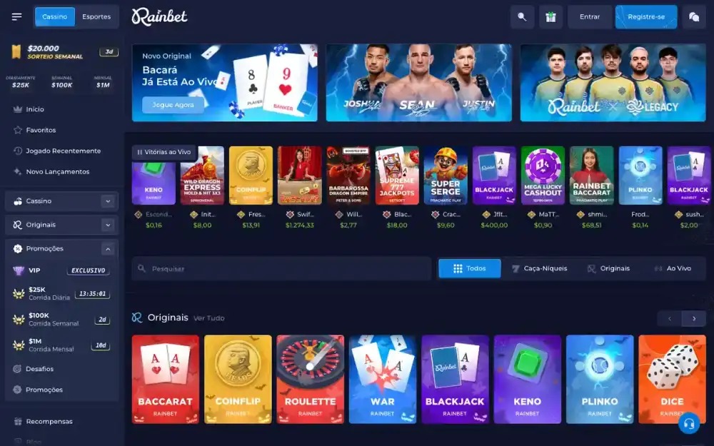 Lobby da Rainbet em português com menu lateral, corridas diária, semanal e mensal e a fileira de jogos originais