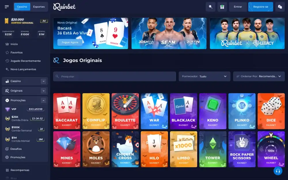 Página de jogos originais da Rainbet em português com Plinko, Mines, Dice, Limbo e outros 12 jogos