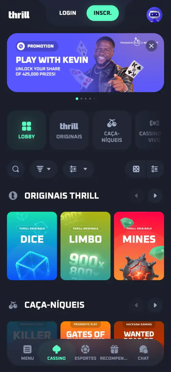 Thrill no celular: lobby em português com originais e caça-níqueis
