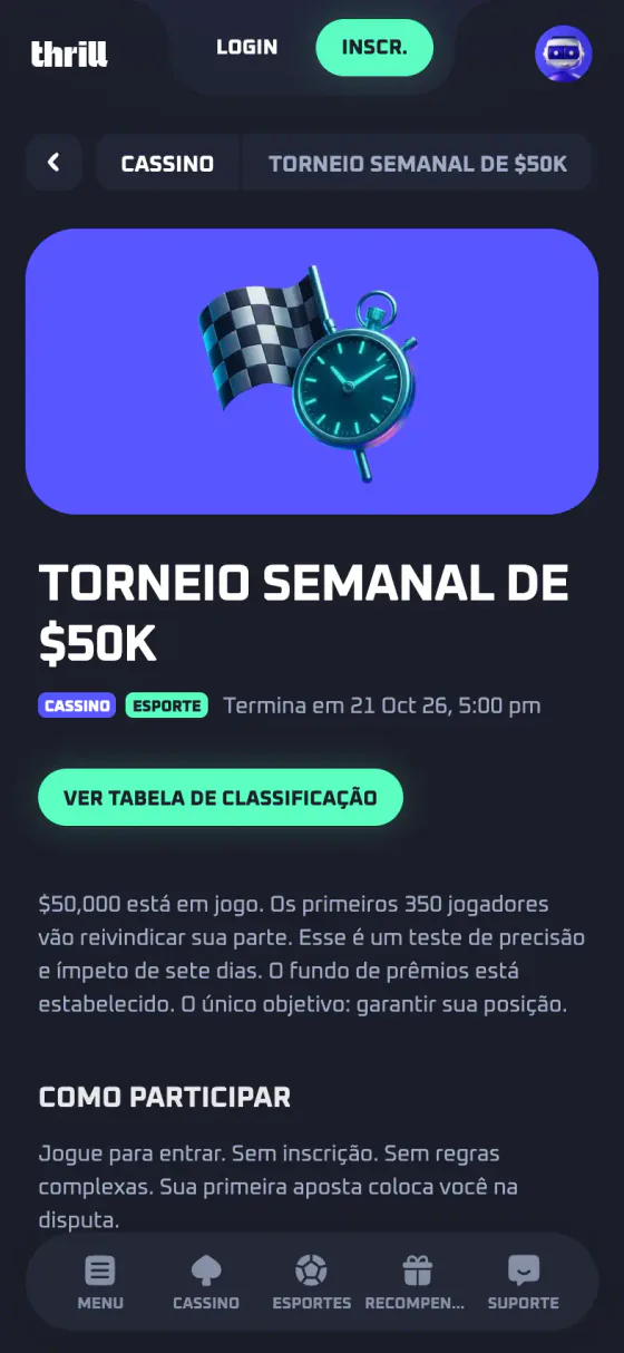 Página do torneio semanal do Thrill no celular, em português