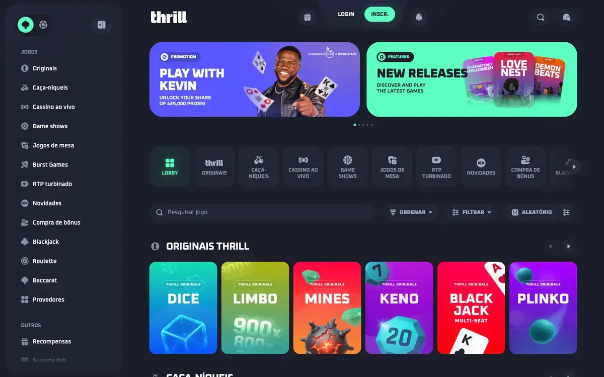 Lobby do Thrill em português com menus de caça-níqueis, cassino ao vivo e originais