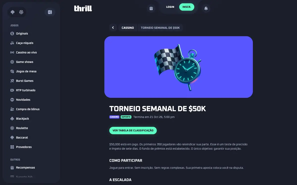 Página do torneio semanal de US$ 50 mil do Thrill em português