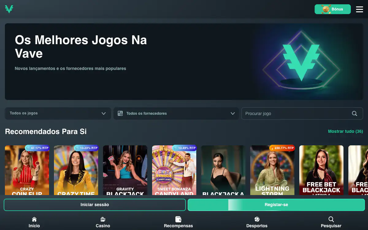 Seção de cassino ao vivo da Vave com Crazy Coin Flip, Crazy Time, Gravity Blackjack, Sweet Bonanza Candyland e Lightning Storm