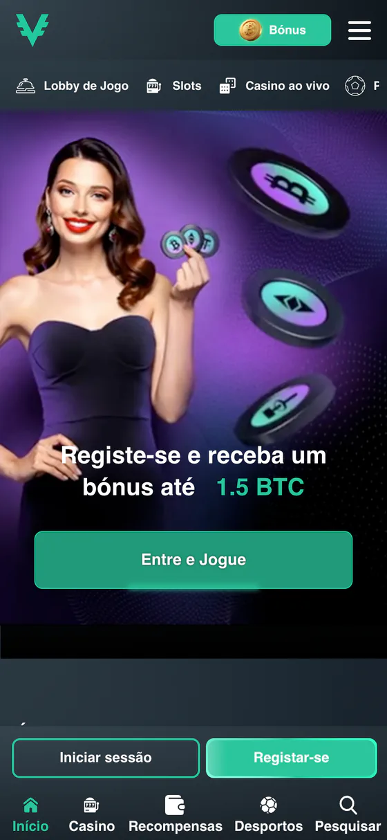 Página inicial da Vave no celular com a faixa Registe-se e receba um bónus até 1.5 BTC e o botão Entre e Jogue