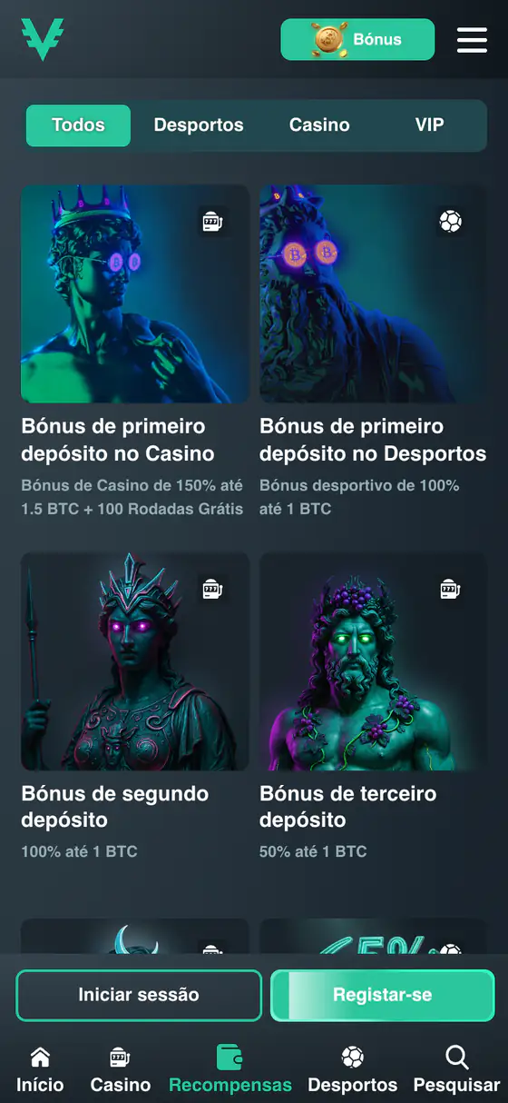 Promoções da Vave no celular com abas Todos, Desportos, Casino e VIP e os cartões dos bônus de depósito
