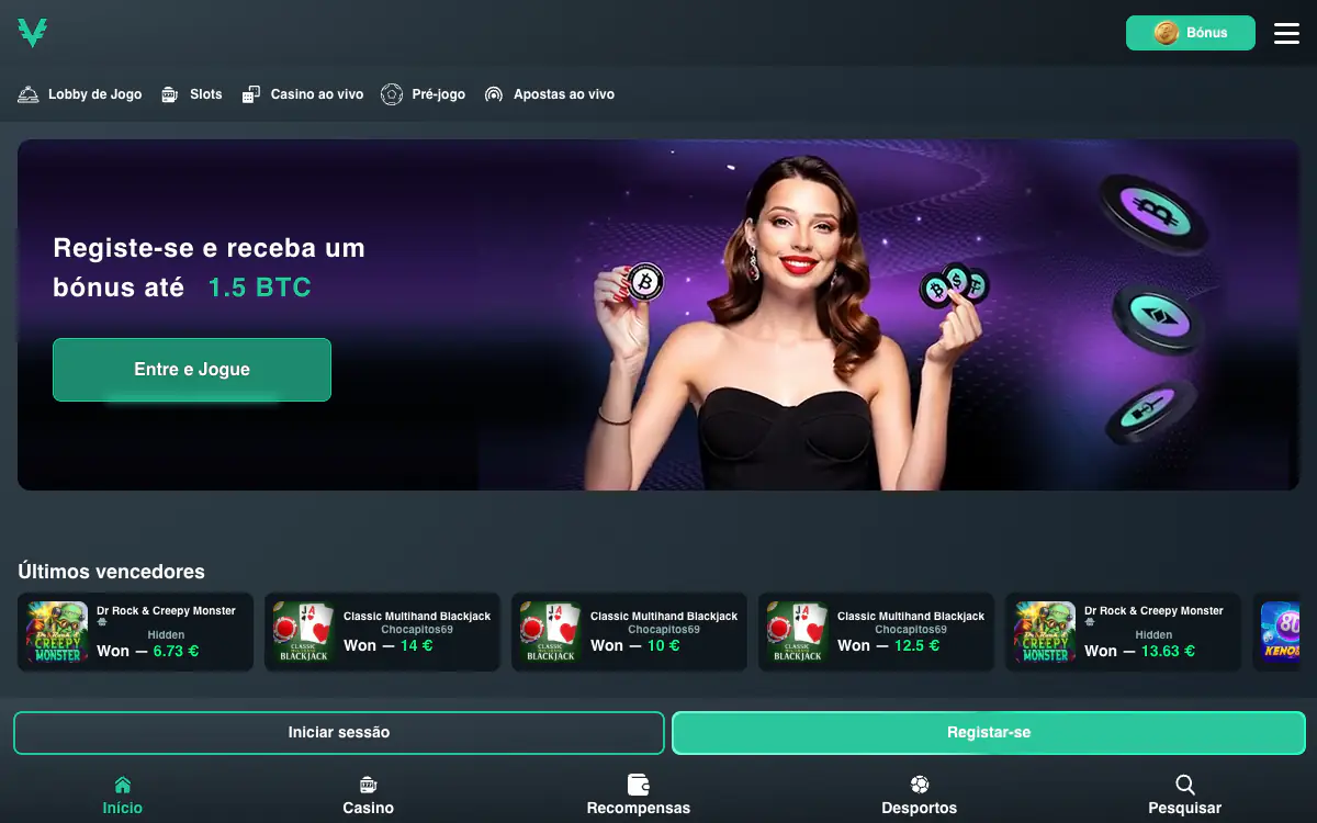 Página inicial da Vave no desktop com a faixa Registe-se e receba um bónus até 1.5 BTC e a lista de últimos vencedores com valores em euro