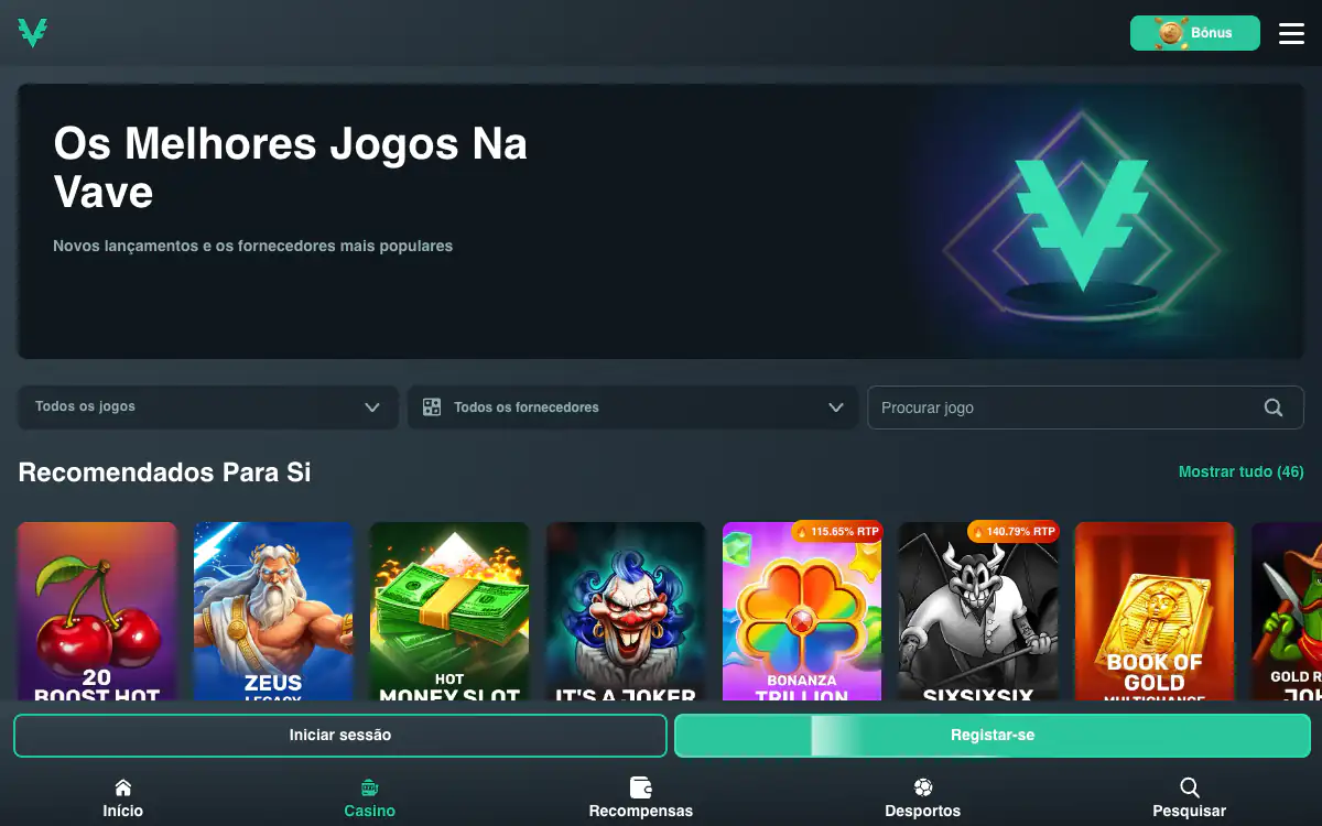 Lobby de cassino da Vave com filtros de jogos e fornecedores, busca e a faixa Recomendados Para Si com slots como Zeus Legacy, Bonanza Trillion e Book of Gold