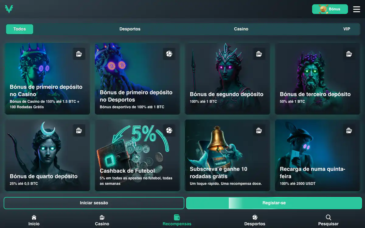 Página de promoções da Vave com cartões dos bônus de primeiro, segundo, terceiro e quarto depósito, cashback de futebol, rodadas por notificação e recarga de quinta-feira até 2500 USDT